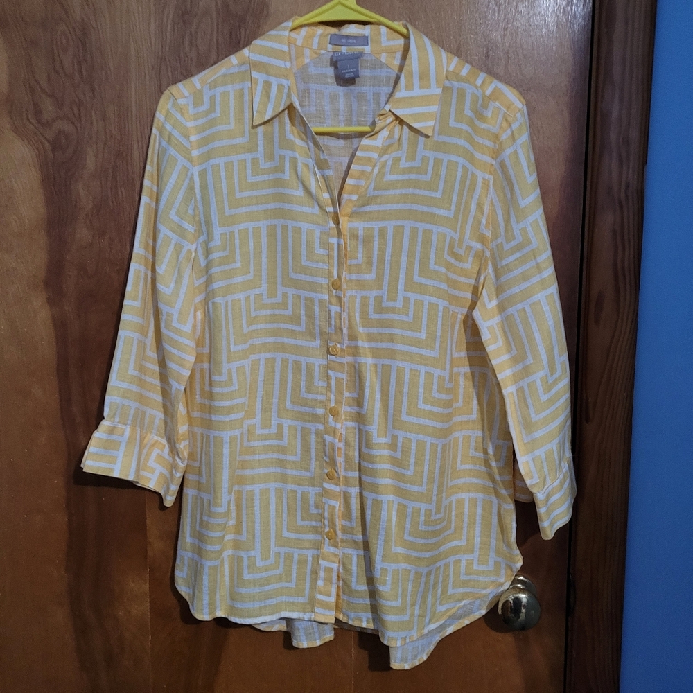 Chico's Yellow and White Geometric Button Down Shirt